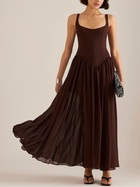 Bardot Dresses & Skirts - Bardot Brianna Drop Waist Maxi Dress Chocolate Brown Pleated Wedding Guest Sz L